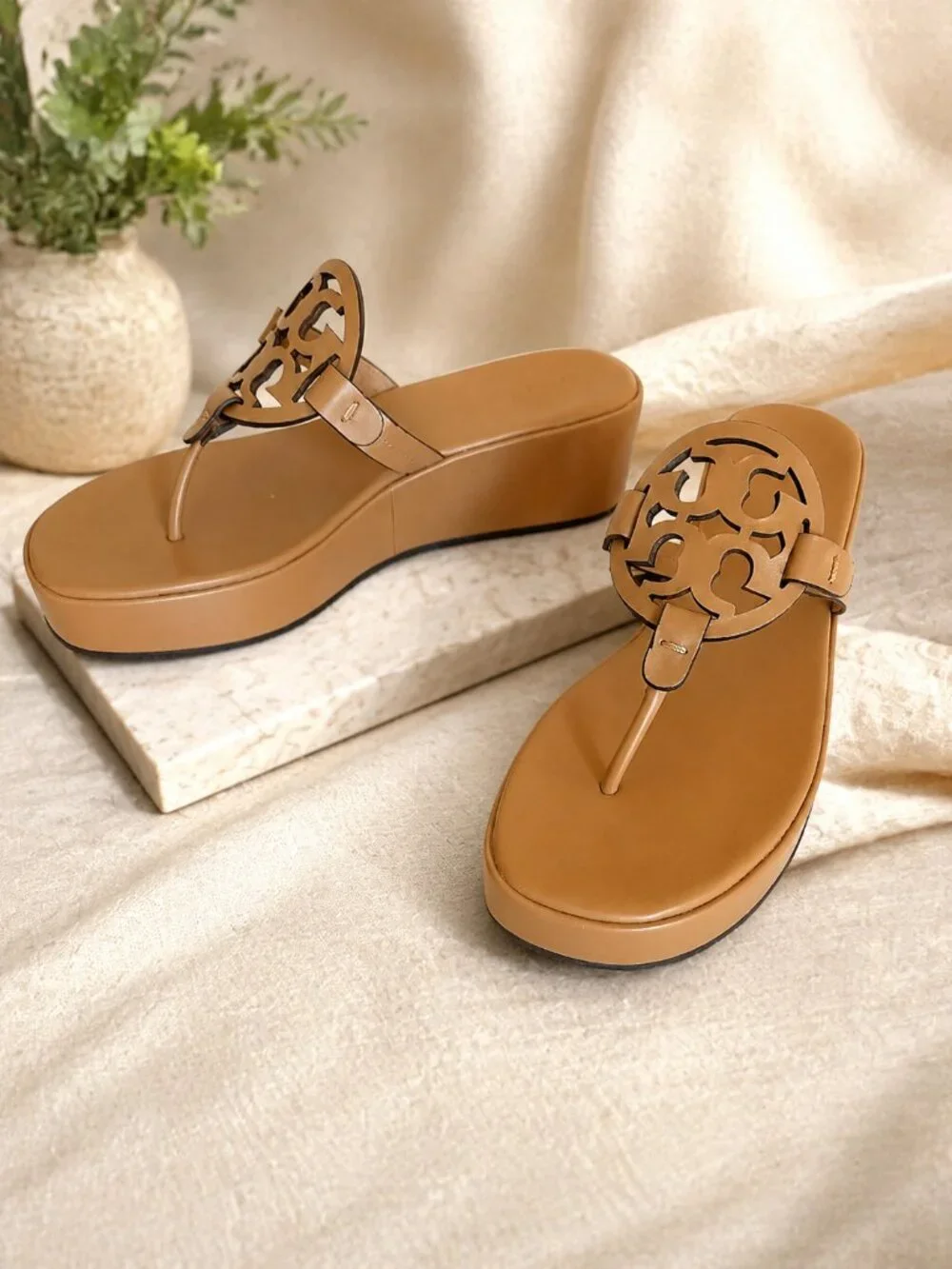 Tory Burch Tan Leather Wedge Logo Thong Sandals